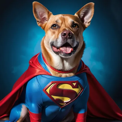 Prompt: Dog in Superman outfit, vibrant red and blue colors, superhero costume, detailed fur with reflections, intense and confident gaze, comic book style, dynamic lighting, high quality, detailed, superhero theme, vibrant colors, detailed fur, confident expression