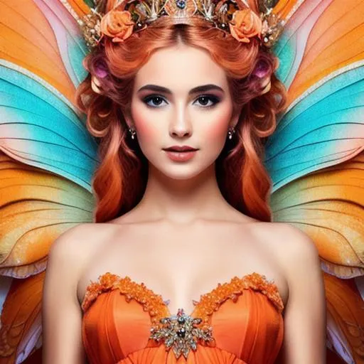 Prompt:  fairy goddess, orange and pink colors, closeup