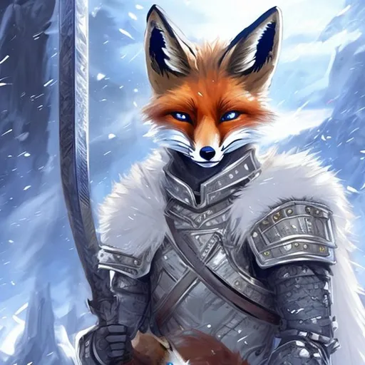 Prompt: fox face man, in armor, sword in hand, blue eyes