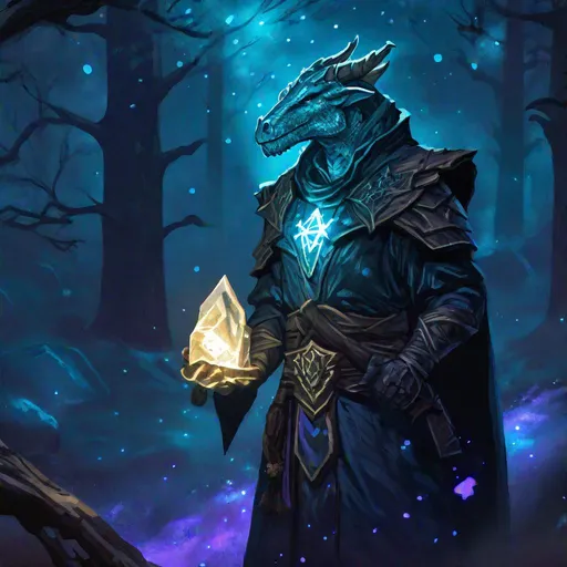 Prompt: A fantasy crystal dragonborn, in a haunted forest surrounded by death, beneath the stars, bioluminescent, highres, best quality, concept art, grave cleric symbol on the chest, skinny, 