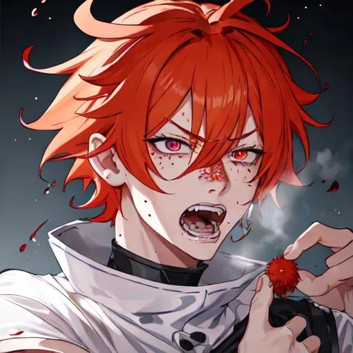 Prompt: Erikku male adult (short ginger hair, freckles, right eye blue left eye purple) UHD, 8K, Highly detailed, insane detail, best quality, high quality, covered in blood, covering his face with his hand, wide eyes, insane, fear, threatening, laughing, angry, fighting, psychopathic, anime style,