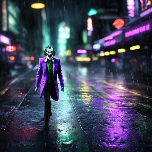 Prompt: photorealistic joker rainy night motion blur 


