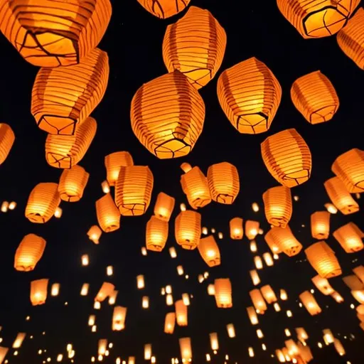 Prompt: floating lanterns at midnight