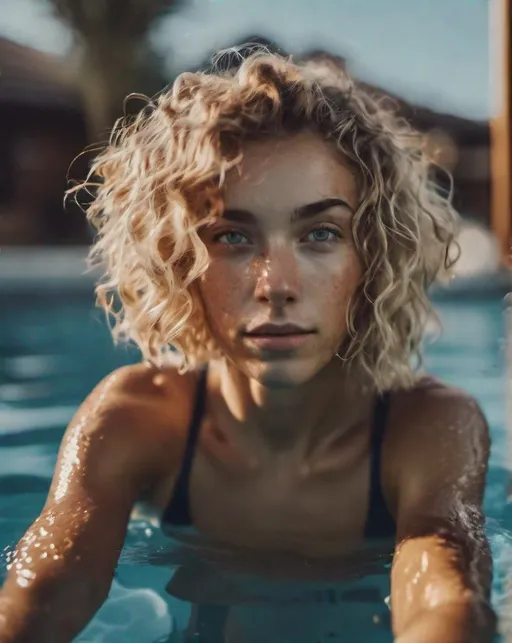 Prompt: Photo
cinematic photo .Beautiful well built woman, dirty blonde hair, curly short hair, skinny dipping in a swimming pool, 
35mm photograph, film, bokeh,
professional, 4k, highly detailed