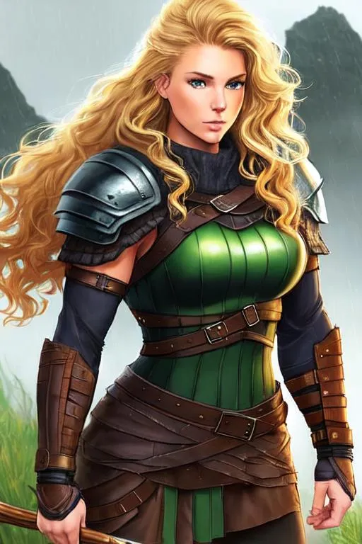 Prompt: digital art, 27-year-old Young woman viking, Quite well-built and lean muscled, black gear, orange armor, Green-gold eyes, short brown hair with streaks of blonde Curly and thick. True curliness shows in misty and/or rainy weather, hair Bordering between blond and dirty blond a middle ground the true challenge, full body, full armor, unreal engine 8k octane, 3d lighting