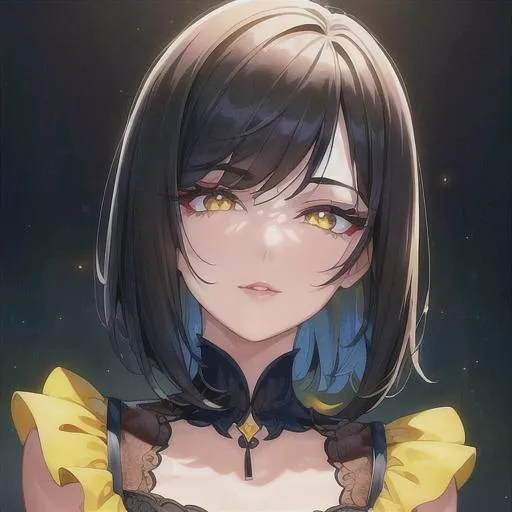 Prompt: (masterpiece, illustration, best quality:1.2), short trimmed black hair, devilish yellow eyes, wearing yellow silky nightgown, best quality face, best quality, best quality skin, best quality eyes, best quality lips, ultra-detailed eyes, ultra-detailed hair, ultra-detailed, illustration, colorful, soft glow, 1 girl