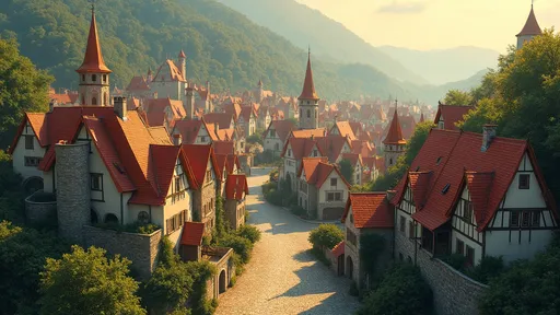 Prompt: Fantasy illustration of a small medieval town, (bird's-eye view), (warm color scheme), vibrant hues, charming rooftops, winding cobblestone streets, enchanting European landscape, lush greenery surrounding the town, quaint market square, medieval architecture, mystical atmosphere, richly detailed visuals, (high quality, ultra-detailed), serene and magical ambiance, golden sunlight casting soft shadows, inviting and whimsical setting.