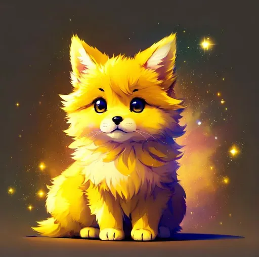 Prompt: Cute, yellow, fluffy, fantasy light puppy, with lighting, yellow eyes, yellow fur, and possessing the element of space and making circles of lighting stripes
 move around in the air in a magical way, in a space background. Perfect features, extremely detailed, realistic. Krenz Cushart + loish +gaston bussiere +craig mullins, j. c. leyendecker +Artgerm.