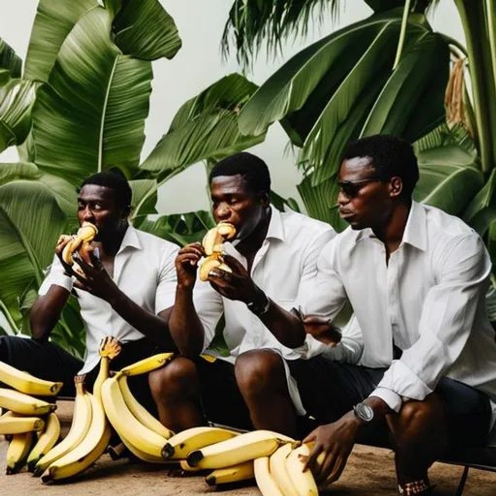 Prompt: Elegant men eat bananas under a palm