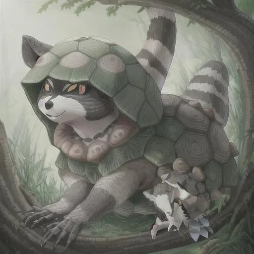 Prompt: racoon turtle hybrid with shell 
