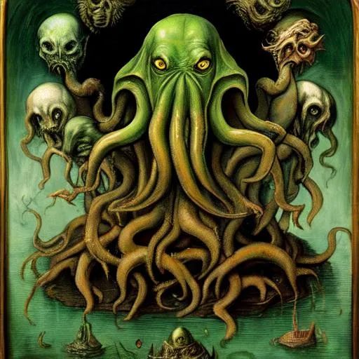 Prompt: great cthulhu as an oil painting in the style of hieronymus bosch
