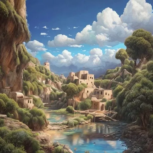 Prompt: pintura estilo realista de un paisaje con un pequeño pueblo, con montañas y un cielo azul con pocas nubes

