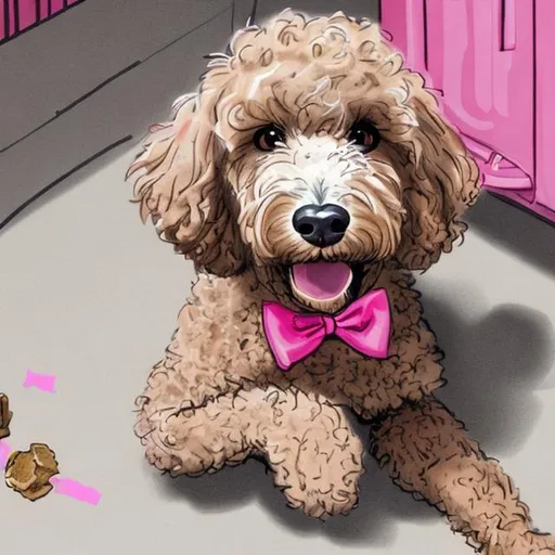 Prompt: Illustration of 14 pound Goldendoodle with a pink bow in her hair is caught eating out the trash and looking at her owner with remorseless and energetic eyes