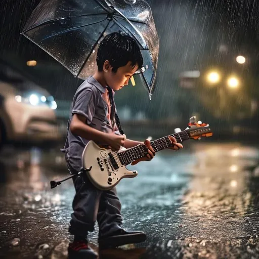 Prompt: A boy playing guitar under the rain