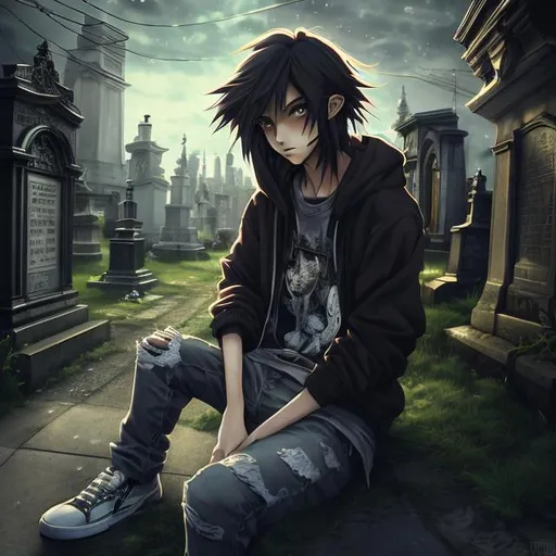 Prompt: 30-year-old skateboarder with long brown hair, sitting in a cemetery, anime, detailed hair, serene atmosphere, cool tones, atmospheric lighting, professional, high quality, detailed background, realistic anime, urban gothic, detailed eyes, green eyes, detailed clothing, peaceful ambiance, cool shadows