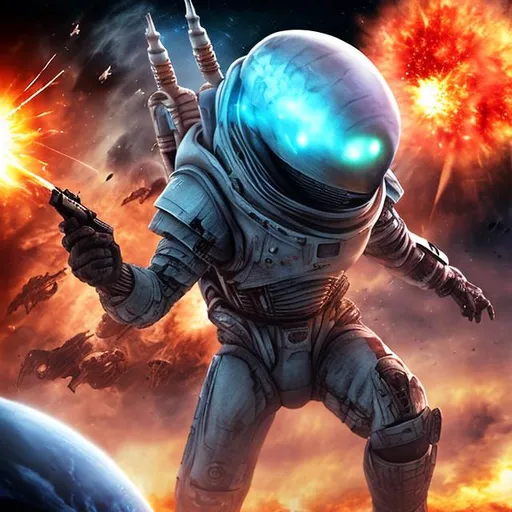 Prompt: huge space men war with aliens battle fire death explosions ice planet action extreme violence  