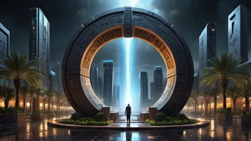 Prompt: magical portal between cities realms worlds kingdoms, circular portal, ring standing on edge, upright ring, freestanding ring, hieroglyphs on ring, complete ring, ancient egyptian architecture, gardens, hotels, office buildings, shopping malls, large wide-open city plaza, panoramic view, dark night, heavy rain, futuristic cyberpunk tech-noir setting