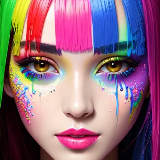 Prompt: female face dripping  paint in rainbow colors, facial closeup