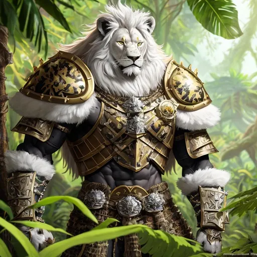 Prompt: portrait of a (Buff Leonin Paladin, with White fur and black skin, small lion ears) Wearing plate Armor. Jungle background with rustic camouflage details including leaves and Flowers and Colorful Mushrooms, D&D setting, perfect composition, hyperrealistic, super detailed, 8k, high quality, trending art, trending on artstation, sharp focus, studio photo, intricate details, highly detailed, by greg rutkowski and alphonse mucha