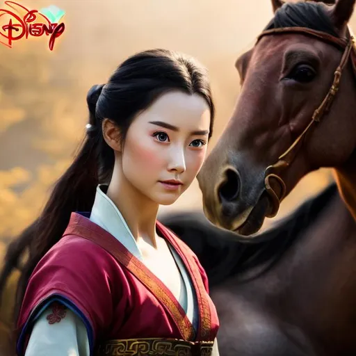 Prompt: professional modeling photo disney mulan as live action human woman hd hyper realistic beautiful chinese warrior black  hair fair skin brown eyes beautiful face female warrior jade jewelry enchanting
riding horse through countryside hd background with live action realistic horse and dragons