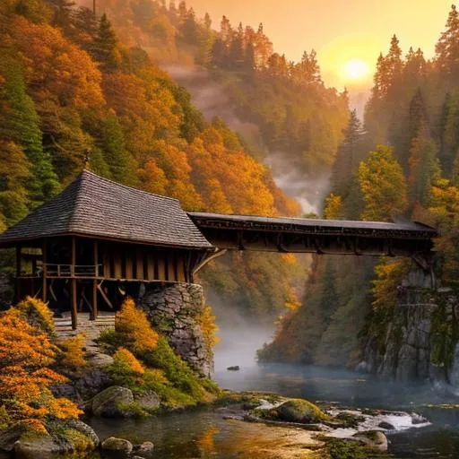 Prompt: Ancient elven city in the mountains with wooden covered bridges covered in foliage from the forest, a golden sunrise in with mist