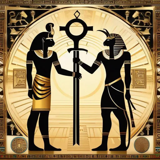 Prompt: A majestic representation of the Egyptian god {Horus}, depicted as a falcon-headed man holding an {Ankh Cross}, standing next to the goddess {Hathor}, who is adorned with a {Sun disk} and cow horns, both set against a backdrop of ancient Egyptian hieroglyphics. Ensure the best resolution and high quality of the exquisite image.