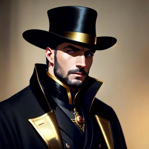 Prompt: Excellent painted portrait of a European man in a black overcoat outfit with a golden cane, masterpiece painting with detailed face, full body 4k, trending on artstation, octane render, art by artgerm and greg rutkowski and alphonse mucha and craig mullins and James Jean and Andrei Riabovitchev and Marc Simonetti and peter mohrbacher