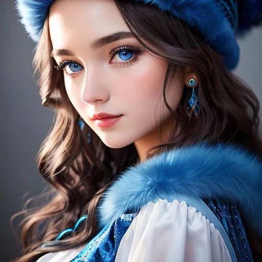 Prompt: studio photography masterpiece, best quality, 1girl, Long curly hair, face front, ((blue fashion silk lone costume with blue swirling vortexes pattern)), ((blue Plush Fur Hat)), emotional face, (close up portrait), make up, studio light, studio
