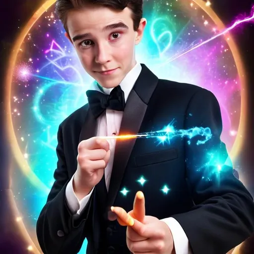 Prompt: 26 year old boy in a tuxedo pointing a magic wand and casting a spell. Sparkling magic flys out of the top of his magic wand in the direction he pointed it in
