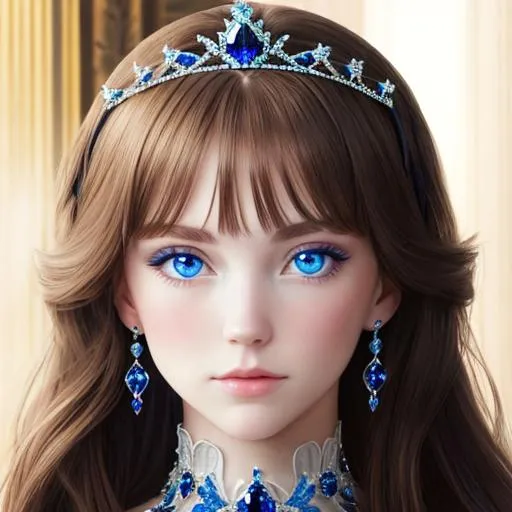 Prompt: young woman wearing a tiara and jewelry with sapphires, sapphire blue eyes, long brown hair