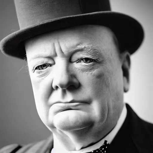 Prompt: photo realistic portrait of Winston Churchill , centered in frame, facing camera, symmetrical face, ideal human, 85mm lens,f8, photography, ultra details, natural light, light background, photo, Studio lighting