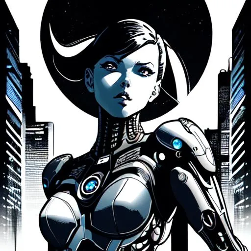 Prompt: in comic book style, a female cyborg looking upwards optimistically, futuristic background, noir, elaborate detail, dynamic pose, manga,