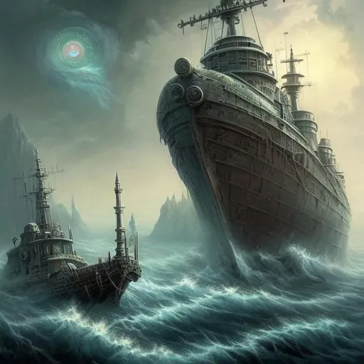 Prompt:  fantasy art style, painting, sea, smog, fog, deep ocean, waves, mist, flood, apocalypse, dystopian, warship, biological mechanical, war machine, futuristic, tubes, pipes, warship, technology, technological 