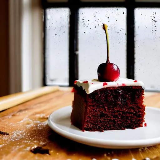 Prompt: Brown cake with cherry on top of it sitting on white plate on wooden table with brown walls and window overlooking snowy landscape in the background