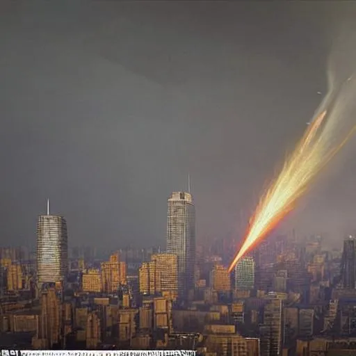 Prompt: "Create a dramatic scene of a meteorite hurtling towards Earth at tremendous speed, leaving a fiery trail in its wake. The impact site is a sprawling city, with skyscrapers crumbling under the force of the impact. Smoke and dust billow into the air, and fires rage out of control as people scramble to escape. The meteorite itself is massive and imposing, with jagged edges and a glowing, molten center. It seems almost sentient, as if it is deliberately seeking out the city for destruction."