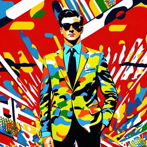 Prompt: pop art of man in camo business suit standing in public in city, In pop art, material is sometimes visually removed from its known context, isolated, or combined with unrelated material,bright colors,