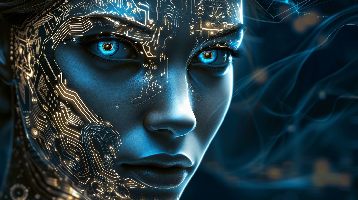 Prompt: Create an image of a futuristic female figure with a highly detailed and ornate circuitry pattern across her face and body. The circuitry is composed of silver and gold, intricately designed to resemble both tribal markings and advanced technology. Her eyes are piercing, illuminated with a vibrant electric blue that stands out against her smooth, metallic skin, which reflects the surrounding light. She is set against a backdrop of deep space, with distant stars and nebulae adding to the otherworldly ambiance. Her expression is enigmatic, capturing a sense of wisdom beyond her years. The lighting is dramatic, with high contrast that accentuates the metallic sheen and the complexity of the circuitry.