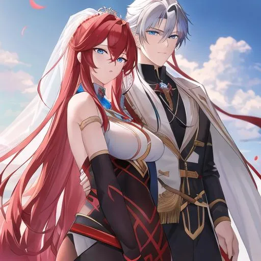 Prompt: Zerif 1male (Red side-swept hair falling between the eyes, blue eyes), highly detailed face, 8K, Insane detail, best quality, UHD, Highly detailed, insane detail, high quality. He's carrying Haley bridal style, she is heavily pregnant. Protective of her.