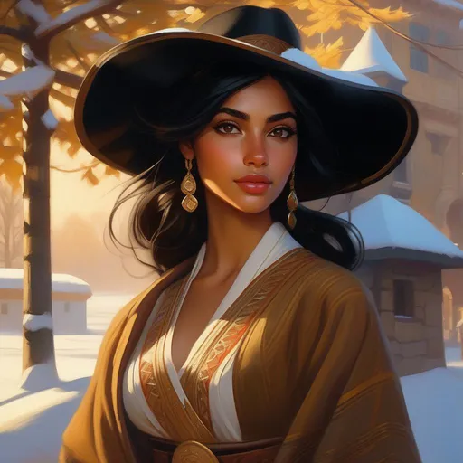 Prompt: Third person, gameplay, Algerian girl, tan skin, black hair, hazel eyes, snow, golden atmosphere, cartoony style, extremely detailed painting by Greg Rutkowski and by Henry Justice Ford and by Steve Henderson 