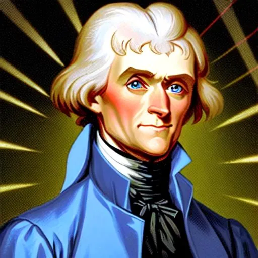 Prompt: a zoomed in picture on president Thomas Jefferson. He is a super hero of America. His eyes are glowing red and blue with lasers. Light and super powers of super heroes around him