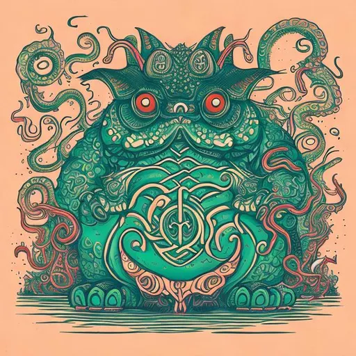 Prompt: Tsathoggua, lovecraft script, Cthulhu Mythos, squid, muted colors, Thick black line illustration in the style of Roger Hargreaves