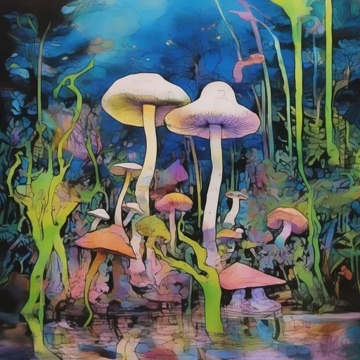 Prompt: <mymodel> in the jungle swamp, mutants, inflatable toys mushroom floating oil sheen prism gem iridescent swamp fungus creatures frolic, art nouveau, zero gravity, fish