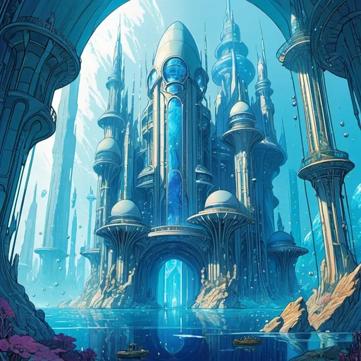 Prompt: An underwater intense blue sci fi palace with many towers and huge crystals between them, art nouveau, in the style of Moebius, manga