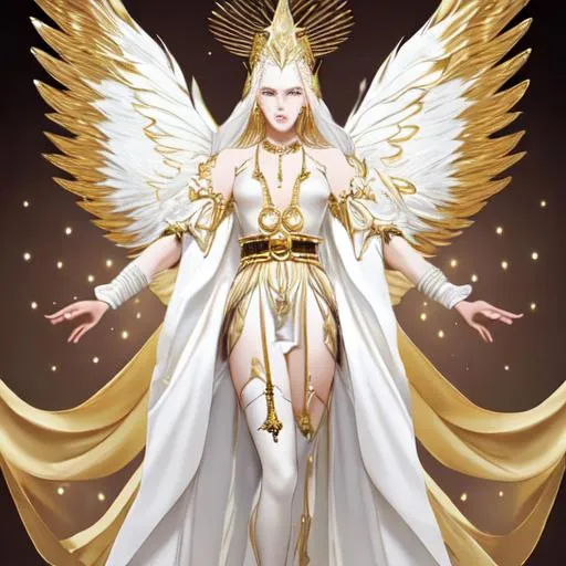 Prompt: Non-binary god with long white silk piece that covers the middle of their legs openly, a gold belt, a gold headpiece, a gold halo, white silk gloves, big white wings, and an eye head