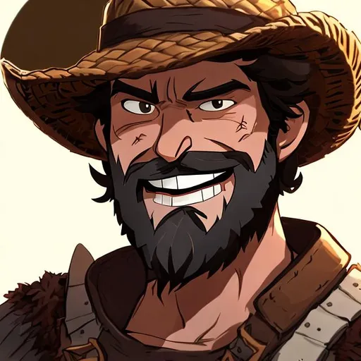 Prompt: perfect composition, short bearded rogue {30 year old}, actractive smile face, no scar, leather armor, brown straw hat, HD, sharp, weasel on his shoulder