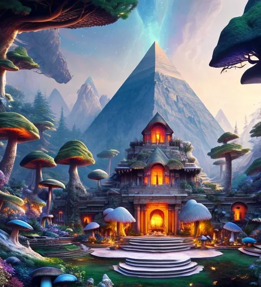 Prompt: pyramid house in the mountains, night sky, giant trees, mushrooms, huge crystals, designed by Michelangelo + dreamy natural spring colors, dreamy colors, intricate details + diffused light + fantasy painting + ultra realistic + unreal engine

