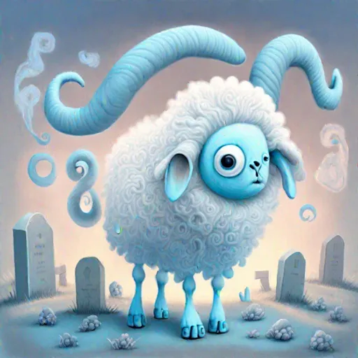 Prompt: Bipedal creature resembling a white-blue sheep, blue-gray wool, one giant eye, wacky expression, a horn, ghostly limbs, floating around a graveyard at dawn, masterpiece, best quality, in pastel drawing style