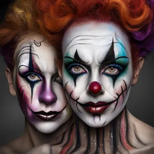 Prompt: clown ladies with intricate makeup painted on their faces, ultra photo realistic, high definition --chaos 50 --ar 2000:1764