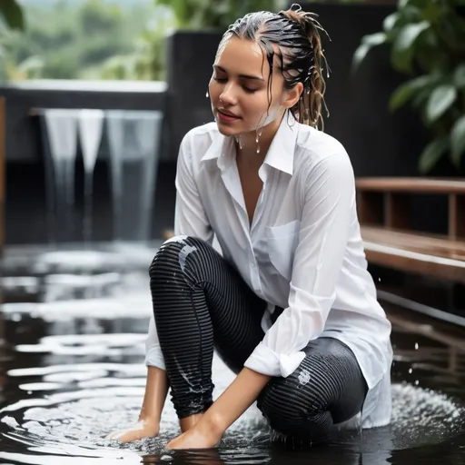 Prompt: photo of young woman, soaking wet clothes, flat shoes, black and white stripped leggings, white shirt,  , ,   enjoying, water dripping from clothes, clothes stuck to body,  detailed textures of the wet fabric, wet face, wet plastered hair,  wet, drenched, professional, high-quality details, full body view.