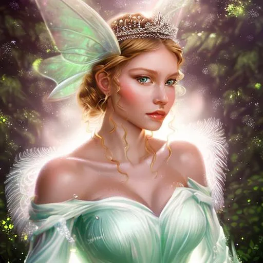 Prompt: very realistic white fairy goddess wearing a tiara, closeup, light green background